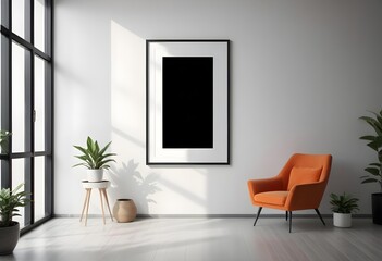 Fototapeta premium A modern living room with a large white frame on the wall, an orange armchair, and a potted plant.
