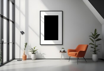 A modern living room with a large white frame on the wall, an orange armchair, and a potted plant.