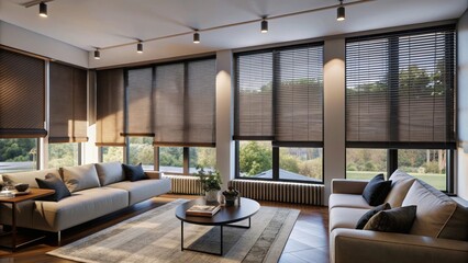 Obraz premium A spacious living room features large windows with stylish wooden blinds, adding a touch of elegance and privacy. Two comfortable sofas face each other, perfect for relaxation and conversation, while 