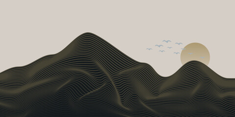 Vector abstract art landscape mountain with birds and sunrise sunset by golden line art texture isolated on dark grey black background. Minimal luxury style for wallpaper, wall art decoration.