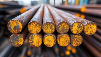 A close-up view of neatly stacked steel rebar rods, showcasing industrial precision and strength
