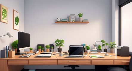 Fototapeta premium 2D Flat-Style Illustration of a Modern Workspace with a Desk, Computer, and Plants, Featuring Clean Lines and Ample Copy Space for Custom Designs