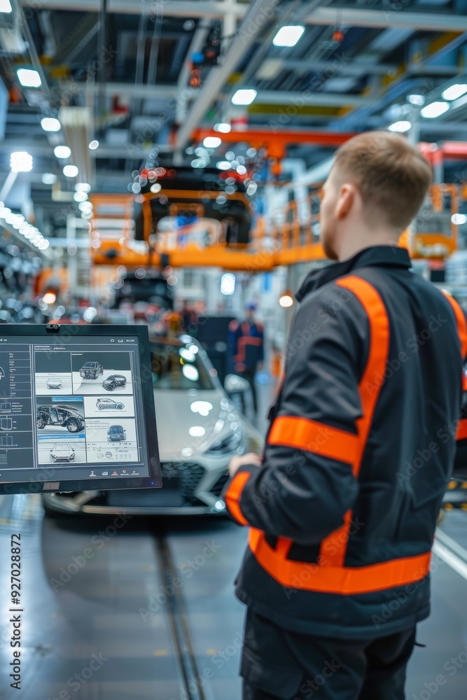 Poster engineer reviewing production schedule on digital screen at busy automobile assembly line