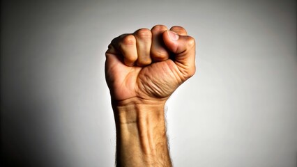 A clenched fist raised in the air, symbolizing strength, defiance, protest, resistance, and unity.