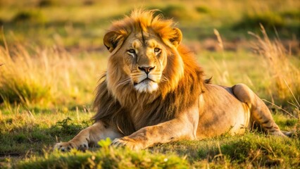 Obraz premium A powerful male lion rests in a field of tall golden grass, showcasing its strength and regal presence. The lion's gaze is focused, its mane flowing in the breeze, symbolizing power, nature, wildlife,