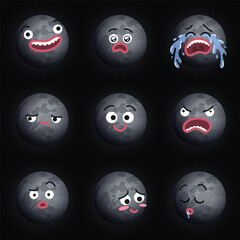 Funny cartoon illustration of the Moon with different expressions. Smiling surprised crying sad happy angry confused blushing sleeping faces emojis. Flat colors