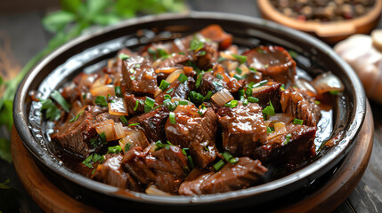 dish of beef cubes in a brown sauce with onions and green onions