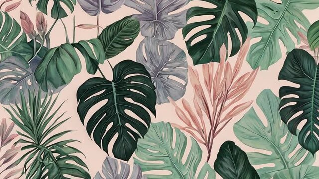 A repeating pattern of stylized tropical leaves in pastel shades—mint green, blush pink, and soft lavender—on a light neutral background, creating a fresh, tropical design for a relaxing wallpaper - Powered by Adobe