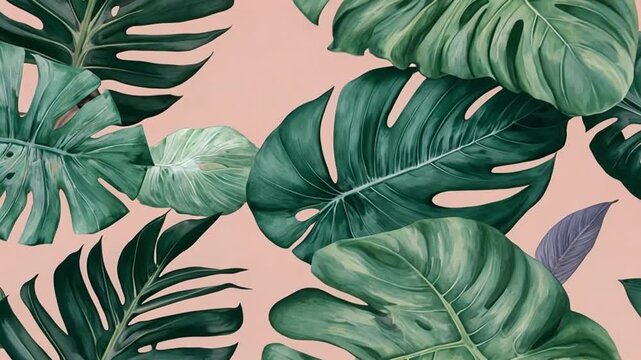 A repeating pattern of stylized tropical leaves in pastel shades&mdash;mint green, blush pink, and soft lavender&mdash;on a light neutral background, creating a fresh, tropical design for a relaxing wallpaper