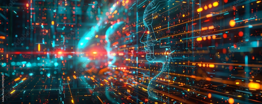 Poster artificial intelligence, neonlit tech environment, holographic data streams, advanced setting