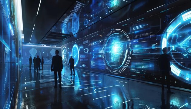 AI innovation, holographic tech showcase, modern exhibition, sleek design elements