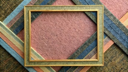 Fototapeta premium A golden frame sits on a textured background of diagonal stripes in various colors, symbolizing creativity, artistic expression, and a blank canvas for new beginnings.