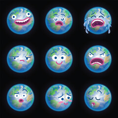 Funny cartoon illustration of the Earth with different expressions. Smiling surprised crying sad happy angry confused blushing sleeping faces emojis. Flat colors