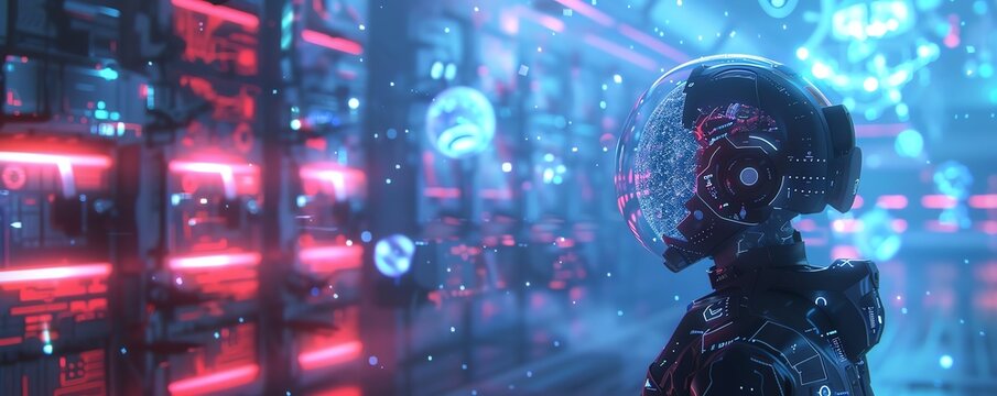 Artificial intelligence, neonlit tech environment, holographic data streams, advanced setting