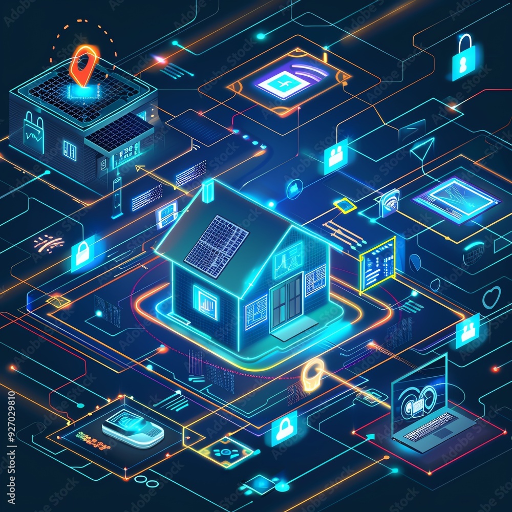 Poster data encryption visualization, iot devices, smart home security, modern tech