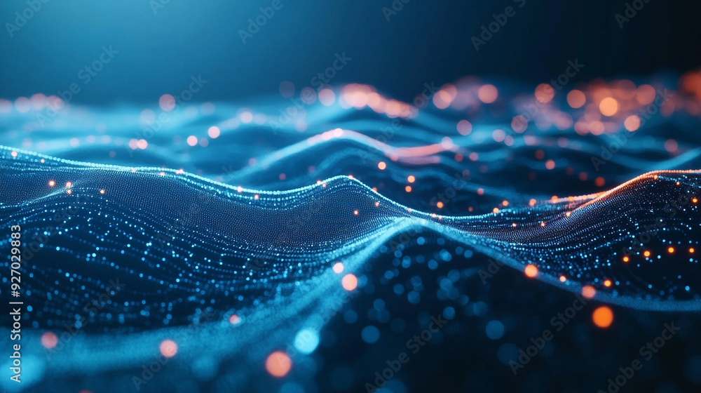 Poster abstract representation of digital waves in a dark environment with glowing particles at night