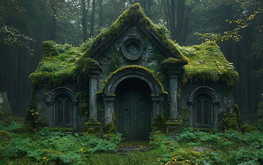 Old Green Ruins: Historical Building Overgrown by Moss and Grass