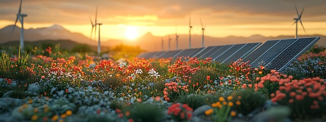  modern battery energy storage system with wind turbines and solar panel power plants in the background at sunset design 