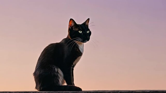 A black cat silhouette sitting gracefully against a pastel gradient background of light peach to lavender, creating a minimalistic and elegant design for a calm, cute phone wallpaper.