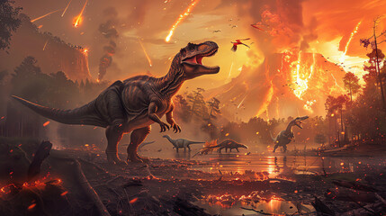 fierce dinosaur with another dinosaur running away from a fiery explosion in the distance