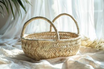 Fototapeta premium Sunlit Handwoven Wicker Basket on Light Fabric with Natural Decor Elements