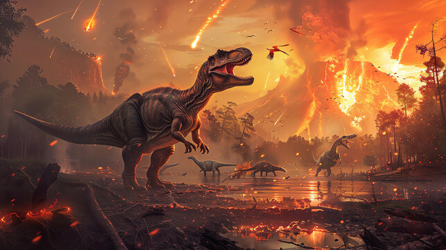fierce dinosaur with another dinosaur running away from a fiery explosion in the distance