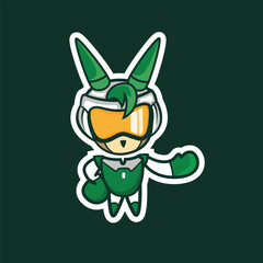Cartoon Character: Rabbit-Superhero Hybrid with Orange Mask, Green Costume, and Utility Belt, Set Against Dark Green Background, Ideal for Comic Book, Mascot, or Gaming Avatar Use
