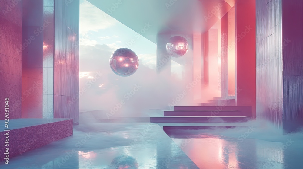 Poster a surreal hyperdimensional landscape with minimal, clean design elements, including floating geometr