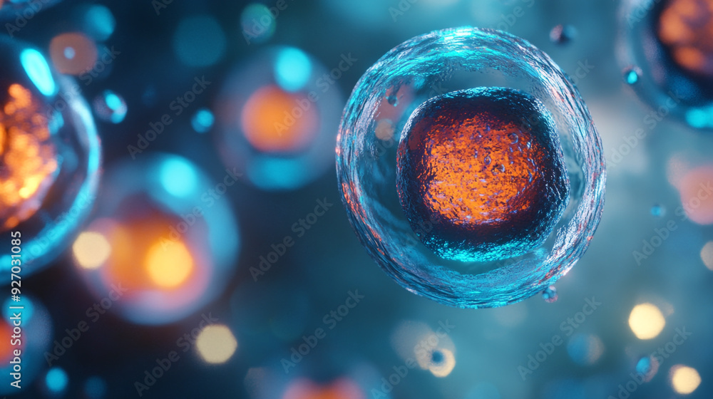 Poster microscopic view of colorful cells in a liquid medium with a glowing nucleus