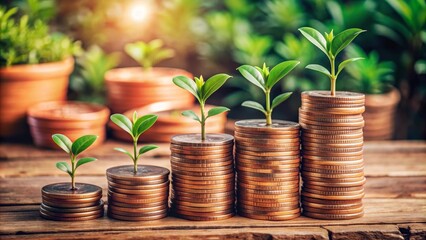 This image depicts the concept of financial growth and sustainability.  Coins stacked to represent wealth, with growing plants symbolizing  investment and prosperity.  The natural setting highlights t