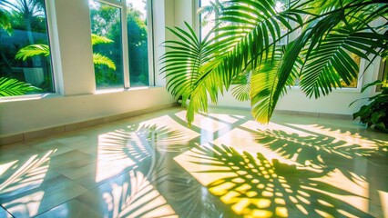 Fototapeta premium Palm tree leaves cast shadows on a tiled floor, creating a pattern of light and shade. Sunlight streams through windows, illuminating the space with a tropical ambiance. The minimalist interior adds a