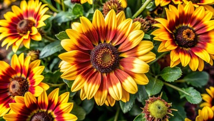 Obraz premium A close-up view of a cluster of red and yellow sunflowers in bloom. Their petals are bright and cheerful, symbolizing joy, happiness, warmth, and the beauty of nature. The flowers are set against a ba