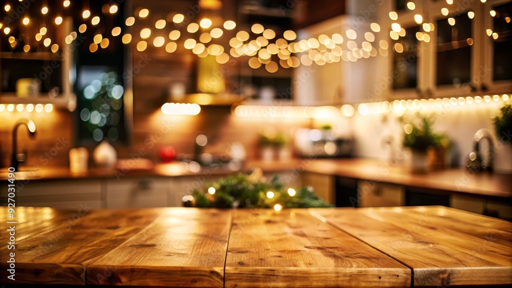 Poster a warm and inviting scene with a rustic wooden tabletop in the foreground and a blurred background o