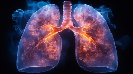 3D Human Lungs with COPD: A detailed rendering showing the effects of chronic obstructive pulmonary disease on the lungs.