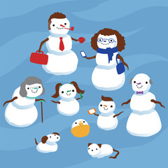 Fun cartoon illustration of snow family. Colorful mother father children son daughter baby grandmother grandfather dog cat. Cheerful cold holiday celebration. Flat colors, blue snow background