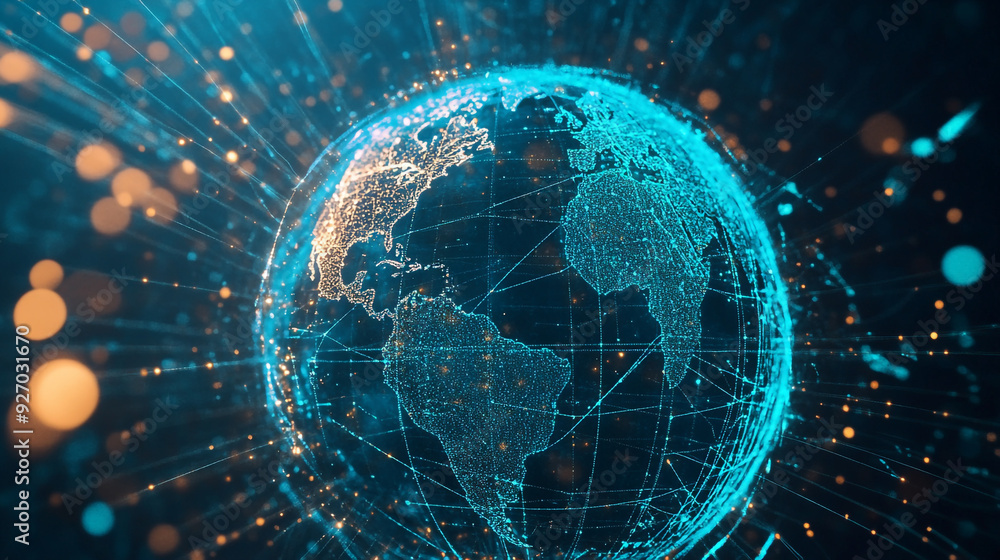 Poster glowing representation of a global network with interconnected points and lines against a dark backg