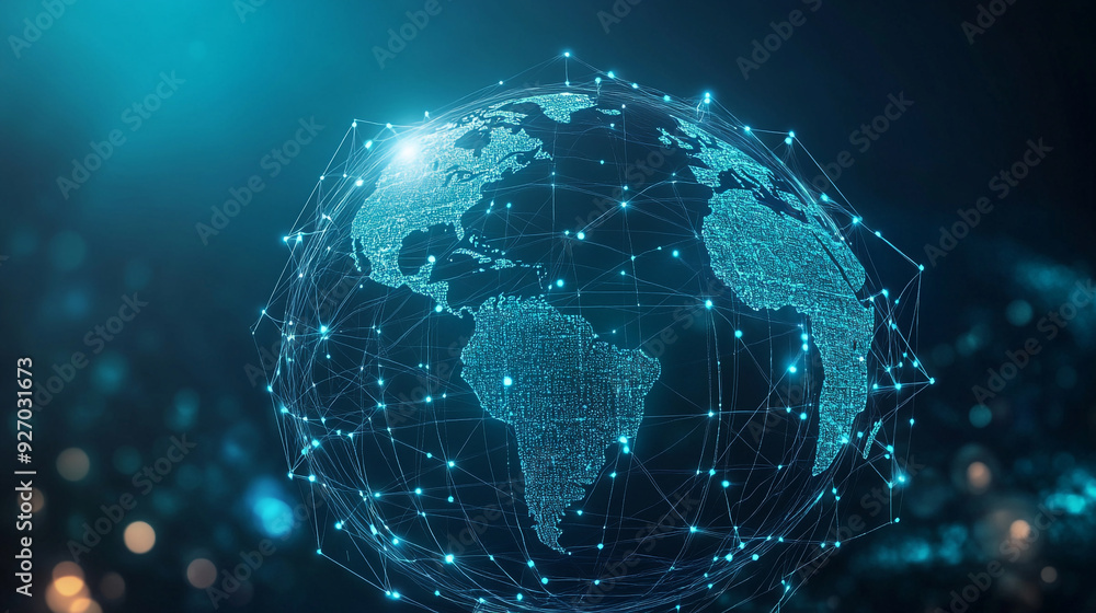 Poster digital globe with network connections represented by glowing nodes and lines against a dark backgro