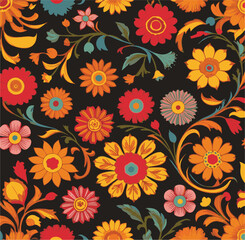 A vibrant traditional folk art pattern of colorful flowers on a dark black background.