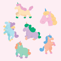 Colorful cartoon vector illustration of unicorns. Cute beautiful fantasy horse ponies with horns. Flat pastel colors