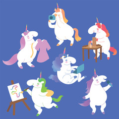 Cartoon vector illustration of colorful unicorns doing creative artistic activities. Fantasy whimsical character set. Blue background