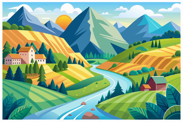 Serene Mountain Valley with Winding River and Village Houses