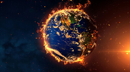 Obraz premium Earth on fire, with flames engulfing the planet in a space setting