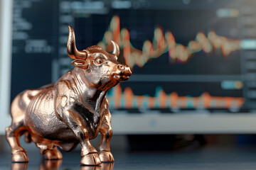 A detailed photo of a bull statue against a backdrop of a growing stock chart symbolizes economic prosperity. It highlights the economy, investment, and trading aspects effectively