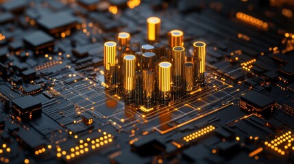 Close-up of a futuristic microchip with glowing orange circuit elements, symbolizing advanced technology and electronic innovation.