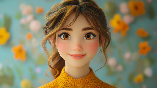Friendly 3D Cartoon Woman Smiling Portrait with Spring Flowers Background - Young Adult Female Positive Emotions Concept Illustration
