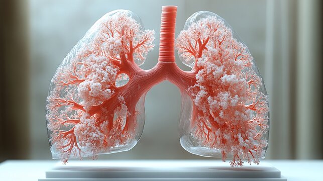 3D Human Lungs with Emphysema: A realistic model showing the effects of emphysema on lung tissue, including damaged alveoli.