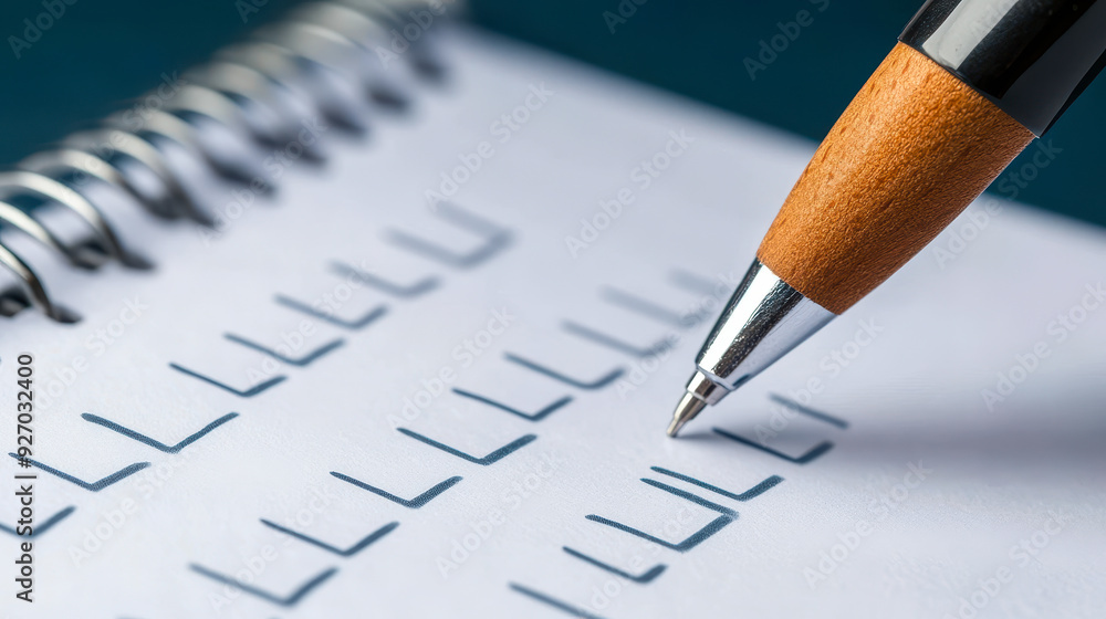 Poster close-up of a pen marking completed checkboxes on notepad, concept of organization, task management,