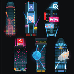 Vector illustration of dystopian cyberpunk buildings. Futuristic dark sci-fi architecture city with neon lights holograms billboards. Flat colors, black background