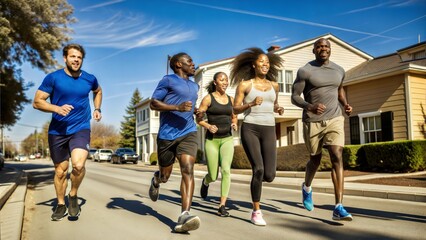 Obraz premium group of runners on suburban street