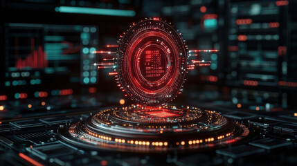 Obraz premium High-tech futuristic digital interface showcasing a red holographic display with intricate data visualization and advanced technology elements.